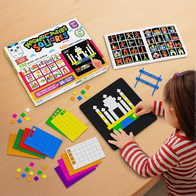 Play Panda Magnetic Puzzles Squares - 400 Colorful Magnets, 200 Puzzles, Magnetic Board, Display Stand - Image 3